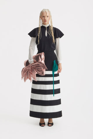 Contemporary Striped A-Line Skirt, Green Floral Detail – Black-White - Julia Allert