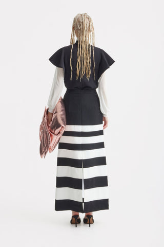 Contemporary Striped A-Line Skirt, Green Floral Detail – Black-White - Julia Allert