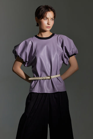 Contrast Leather Trim Puff Sleeve Blouse - Lavander & Black - Julia Allert
