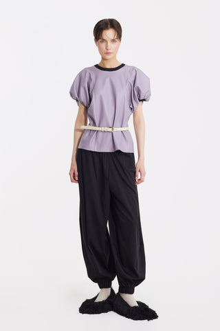 Contrast Leather Trim Puff Sleeve Blouse - Lavander & Black - Julia Allert