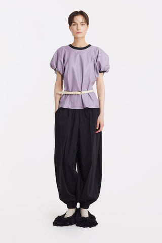 Contrast Leather Trim Puff Sleeve Blouse - Lavander & Black - Julia Allert