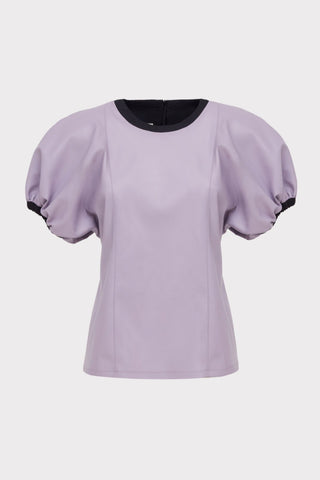 Contrast Leather Trim Puff Sleeve Blouse - Lavander & Black - Julia Allert