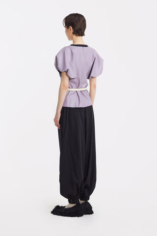 Contrast Leather Trim Puff Sleeve Blouse - Lavander & Black - Julia Allert