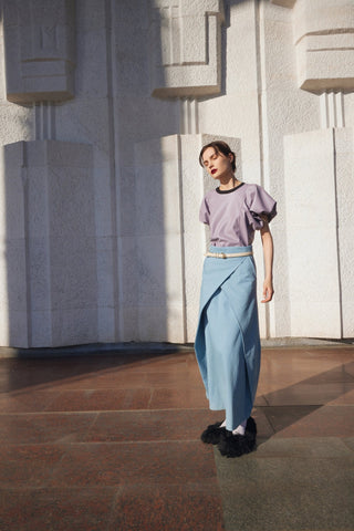 Contrast Leather Trim Puff Sleeve Blouse - Lavander & Black - Julia Allert