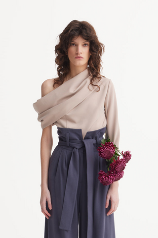 Cowl-Neck One Shoulder Blouse Beige