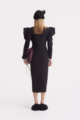 Crepe Midi Dress With Statement Sleeves – Black - Julia Allert