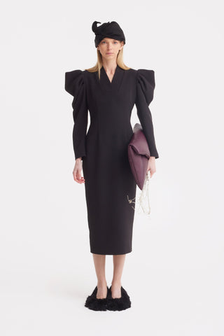 Crepe Midi Dress With Statement Sleeves – Black - Julia Allert