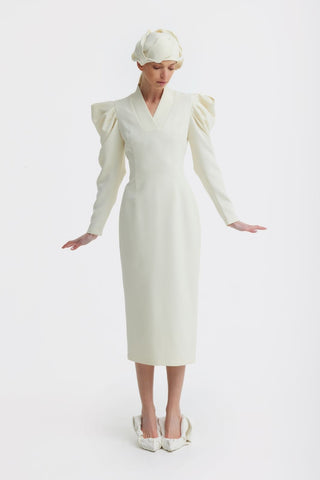 Crepe Midi Dress With Statement Sleeves – Ivory - Julia Allert
