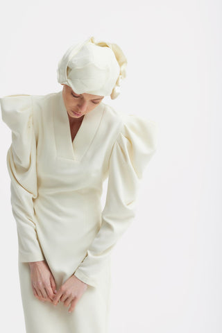 Crepe Midi Dress With Statement Sleeves – Ivory - Julia Allert
