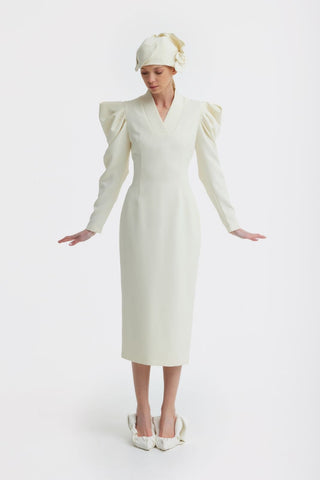 Crepe Midi Dress With Statement Sleeves – Ivory - Julia Allert