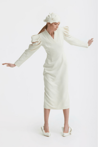Crepe Midi Dress With Statement Sleeves – Ivory