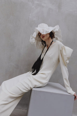 Crepe Midi Dress With Statement Sleeves – Ivory - Julia Allert