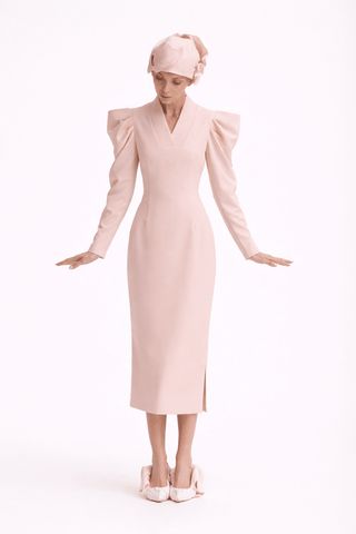 Crepe Midi Dress With Statement Sleeves – Pale Pink - Julia Allert