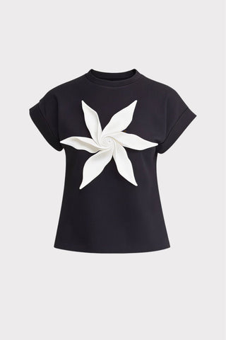 Crew-Neck Jersey T-Shirt With Flower - Black - Julia Allert