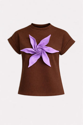 Crew-Neck Jersey T-Shirt With Flower - Brown - Julia Allert