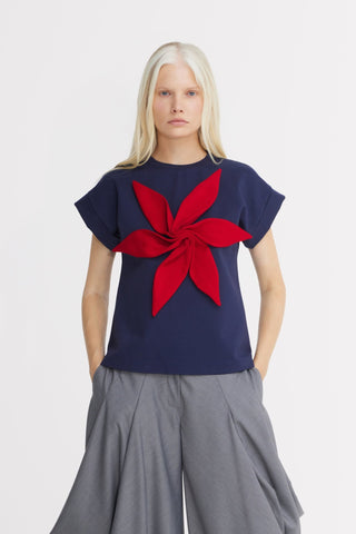 Crew-Neck Jersey T-Shirt With Flower - Dark Blue - Julia Allert