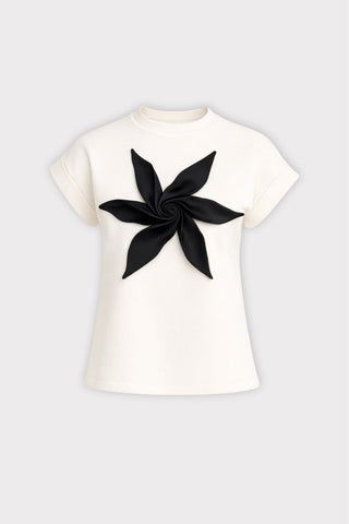 Crew-Neck Jersey T-Shirt With Flower - Off-White - Julia Allert