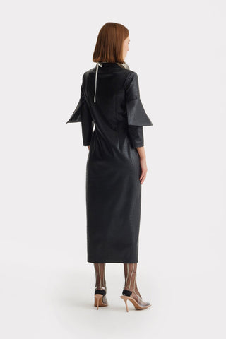 Croc-Effect Faux Leather Button Down Dress – Black - Julia Allert