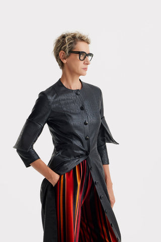 Croc-Effect Faux Leather Button Down Dress – Black - Julia Allert
