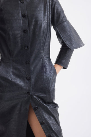 Croc-Effect Faux Leather Button Down Dress – Black - Julia Allert
