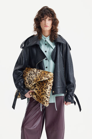 Croc-Effect Faux Leather Oversized Jacket – Black - Julia Allert
