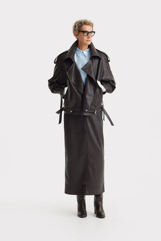 Croc-Effect Faux Leather Oversized Jacket – Dark Brown - Julia Allert