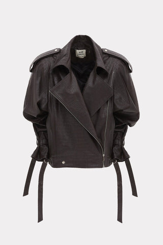 Croc-Effect Faux Leather Oversized Jacket – Dark Brown - Julia Allert