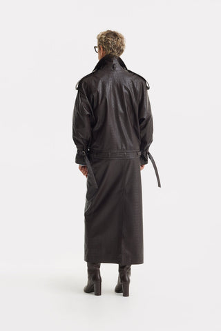 Croc-Effect Faux Leather Oversized Jacket – Dark Brown - Julia Allert