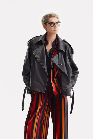 Croc-Effect Faux Leather Oversized Jacket – Dark Brown - Julia Allert