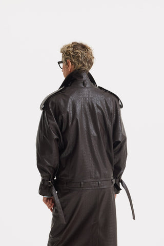 Croc-Effect Faux Leather Oversized Jacket – Dark Brown - Julia Allert