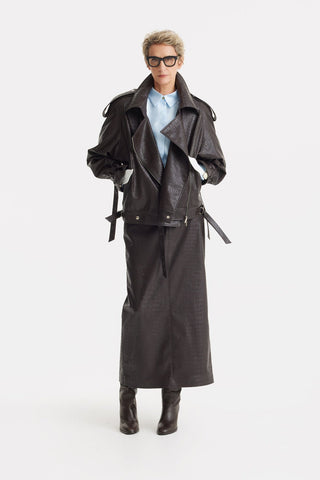 Croc-Effect Faux Leather Oversized Jacket – Dark Brown - Julia Allert