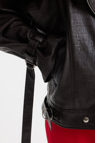 Croc-Effect Faux Leather Oversized Jacket – Dark Brown - Julia Allert