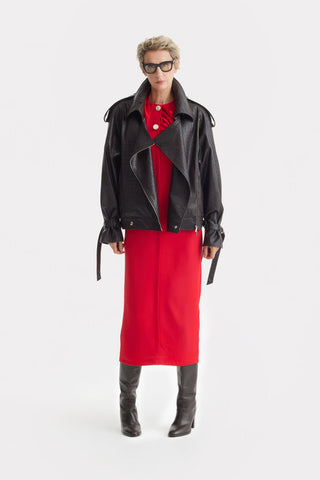 Croc-Effect Faux Leather Oversized Jacket – Dark Brown - Julia Allert