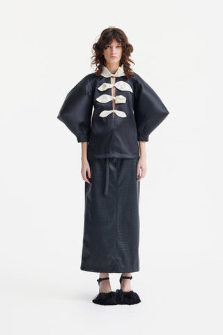 Croc-Effect Faux Leather Straight Long Skirt With Belt - Black - Julia Allert
