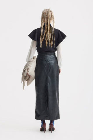 Croc-Effect Faux Leather Straight Long Skirt With Belt - Black - Julia Allert