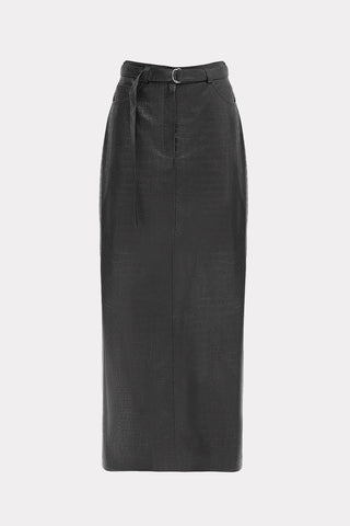 Croc-Effect Faux Leather Straight Long Skirt With Belt - Black - Julia Allert