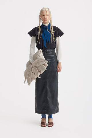 Croc-Effect Faux Leather Straight Long Skirt With Belt - Black - Julia Allert
