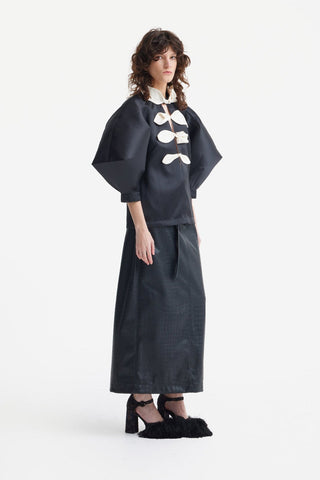 Croc-Effect Faux Leather Straight Long Skirt With Belt - Black - Julia Allert
