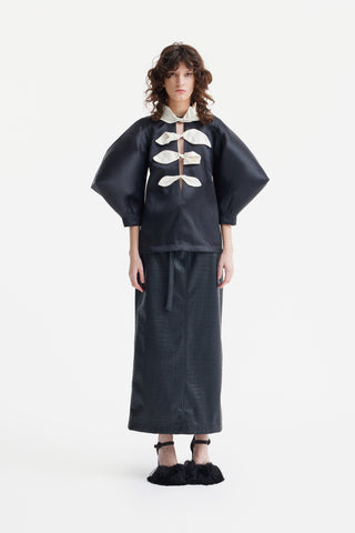 Croc-Effect Faux Leather Straight Long Skirt With Belt - Black