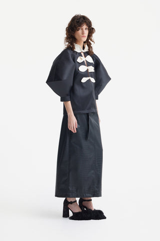 Croc-Effect Faux Leather Straight Long Skirt With Belt - Black