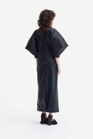 Croc-Effect Faux Leather Straight Long Skirt With Belt - Black