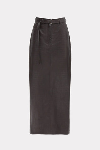 Croc-Effect Faux Leather Straight Long Skirt With Belt - Dark Brown - Julia Allert