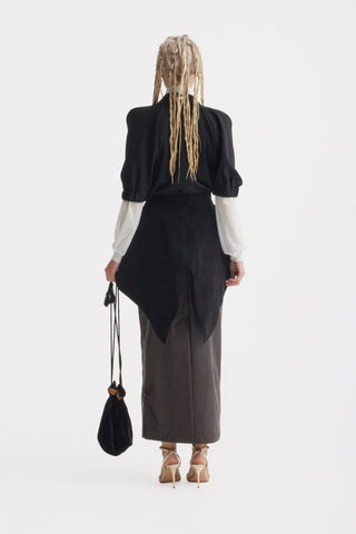 Croc-Effect Faux Leather Straight Long Skirt With Belt - Dark Brown - Julia Allert