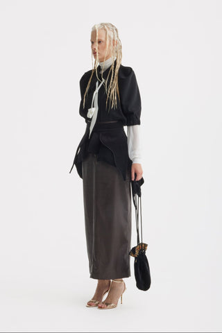 Croc-Effect Faux Leather Straight Long Skirt With Belt - Dark Brown - Julia Allert