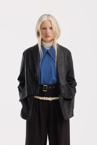 Croc-Effect Faux Leather Wrap Blazer Jacket – Black - Julia Allert