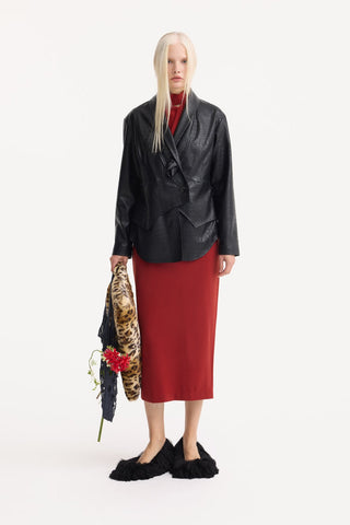 Croc-Effect Faux Leather Wrap Blazer Jacket – Black - Julia Allert