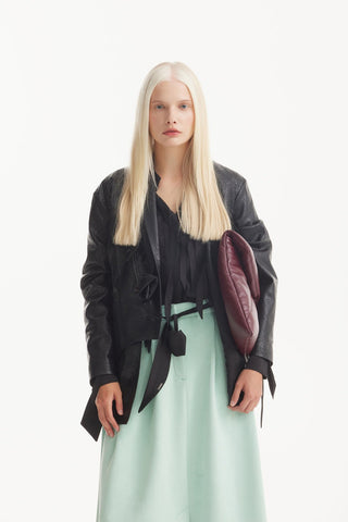 Croc-Effect Faux Leather Wrap Blazer Jacket – Black - Julia Allert