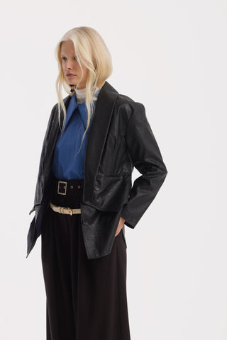 Croc-Effect Faux Leather Wrap Blazer Jacket – Black - Julia Allert
