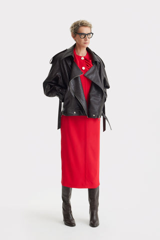 Architectural Cape Sheath Midi Dress Red