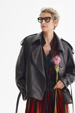 Croc-Embossed Faux Leather Jacket with Drawstring Detail – Black